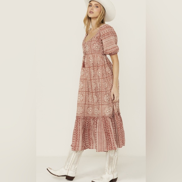 CLEOBELLA Joely Midi Dress Organic Cotton Southwestern Boho Print Rust Copper M - Picture 2 of 13